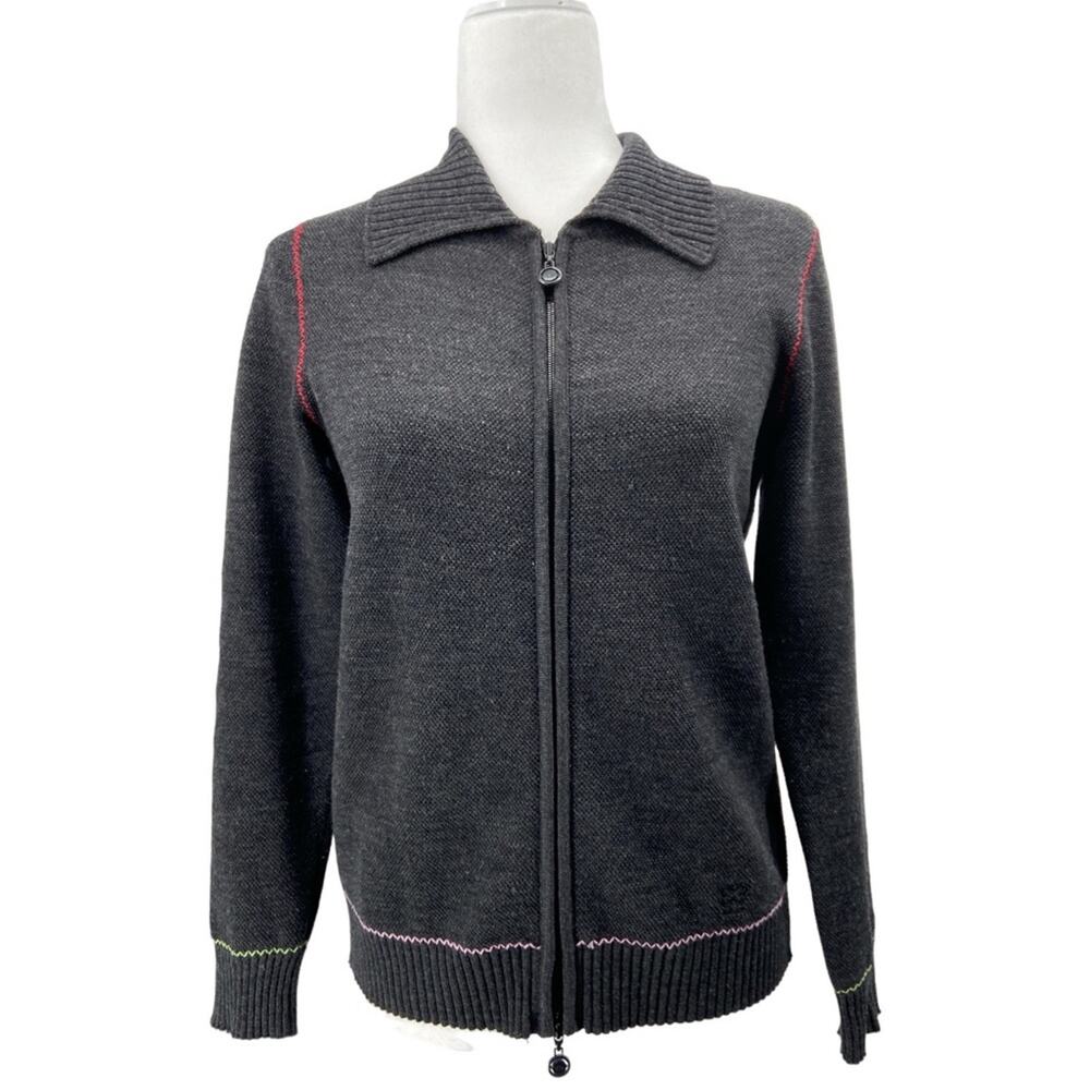 Escada Golf Vintage Zip Up Virgin‎ Wool Cardigan Jacket contrast piping size 34